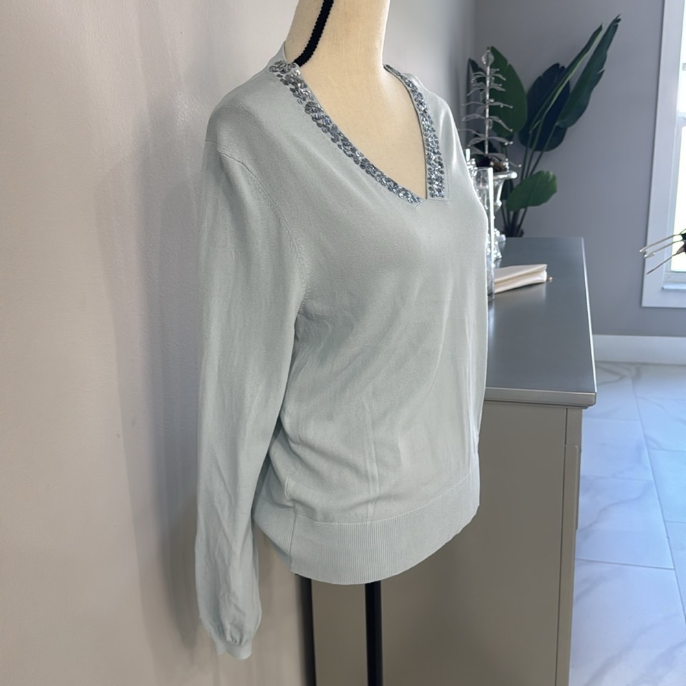 Bogari Light Blue Sequin Silk Sweater. Sz L - Picture 4 of 9